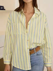 Plus Size Women's Elegant Long Sleeve Shirt, Spring Casual Striped Button-Down Blouse With Back Slit, Smooth Fabric, Yellow Striped Personalized Shirt - أصفر - مشاهدة 5