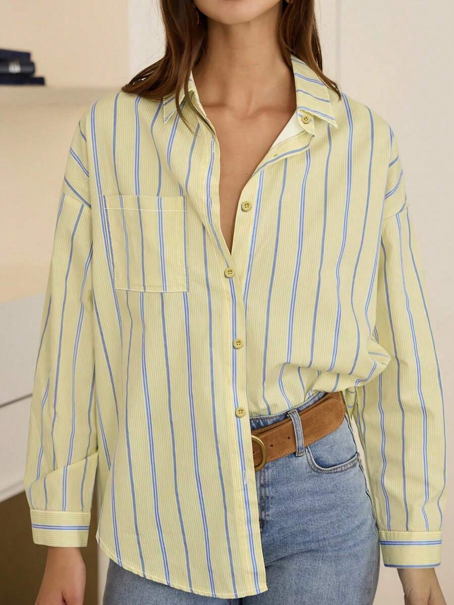 Plus Size Women's Elegant Long Sleeve Shirt, Spring Casual Striped Button-Down Blouse With Back Slit, Smooth Fabric, Yellow Striped Personalized Shirt - Yellow - View 1