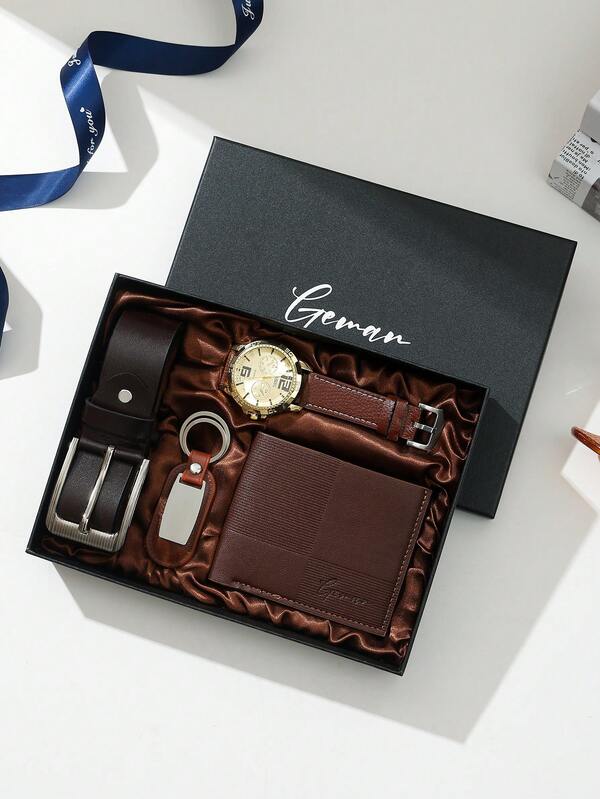 Presentset för herrklocka, perfekt för fars dag, presenter till pappa, inkluderar läderbälte i vardagsstil, plånbok, solglasögon, perfekt för pojkvän, make, årsdag, lärare dag, examenspresenter