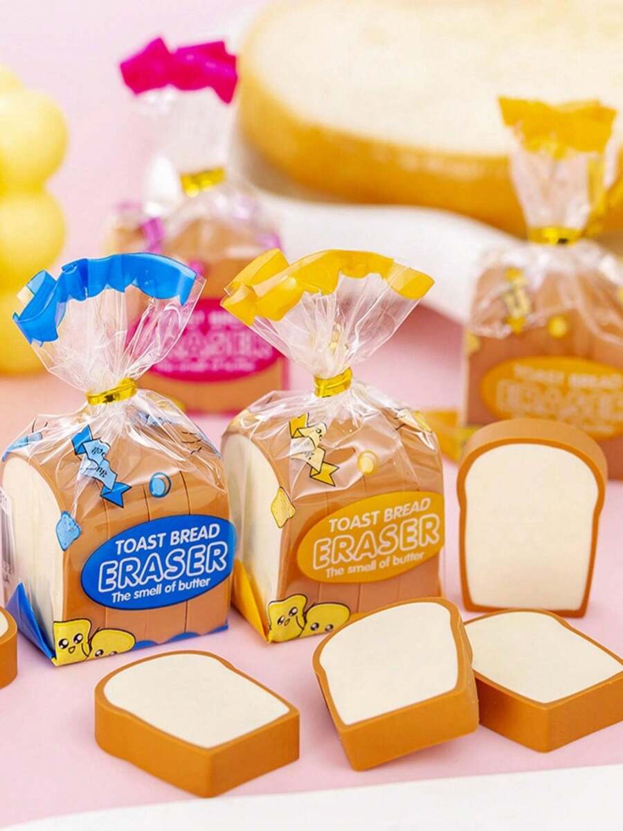 1 Pack Of 4 Pcs Creative Cute Toast Shaped Erasers, Random Design, Student Stationery, Christmas/End-Of-Term Gift Back To School - Yellow - View 1