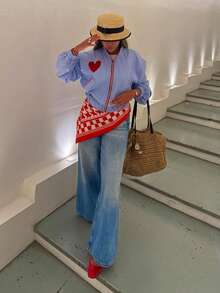 Women's Autumn New Blue Striped Heart Patch Contrast Color Jacket, Casual Commuting Vacation Style Jacket - Blue - View 5