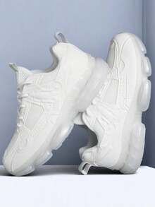 Men's Thick Sole Sneakers, Anti-Slip Durable Low-Top Round Toe Lace-Up Sports Shoes, Soft & Comfortable Knit Mesh Breathable Casual Running Shoes For Young Men, Suitable For Campus, Daily Commute And Leisure, Solid Color