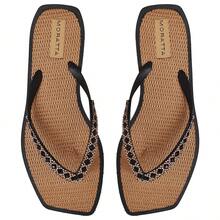 Women's Lumix Rhinestone Flip Flops With Straw Sole And Stylish Beach Flip Flops - Black - View 4