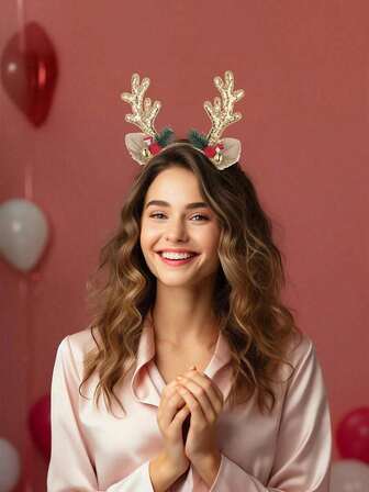 1pc Christmas Reindeer Antler Headband – Glitter Gold & Red Antlers With Bells And Ears | Holiday Party Costume Accessories, Xmas Hair Hoop, Fall Decor, Home Decoration, Christmas Gift
