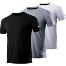 Camiseta deportiva de 3 piezas para hombres, camiseta de secado rápido para correr, camiseta deportiva de manga corta para hombres - Blanco+Gris+Negro - Ver 8