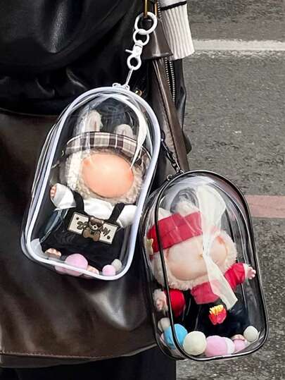1PC Transparent Dustproof Storage Bag For Labubu Dolls - Multi Functional Portable PVC Storage Bag, Doll Storage Display Bag, With Keychain Design, Suitable For Storage Display Of Plush Toys, Cables, Headphones, Cosmetics, And Accessories, It Is An Exquisite And Ideal Gift (Excluding Dolls)