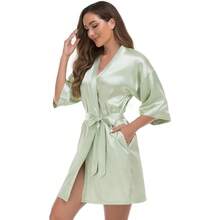 VOGUEMAX Women's Short Kimono Robe Silky Satin Bathrobe Bride Bridesmaids Getting Ready Sleepwear Soft Nightgown - 鼠尾草綠 - 查看 5