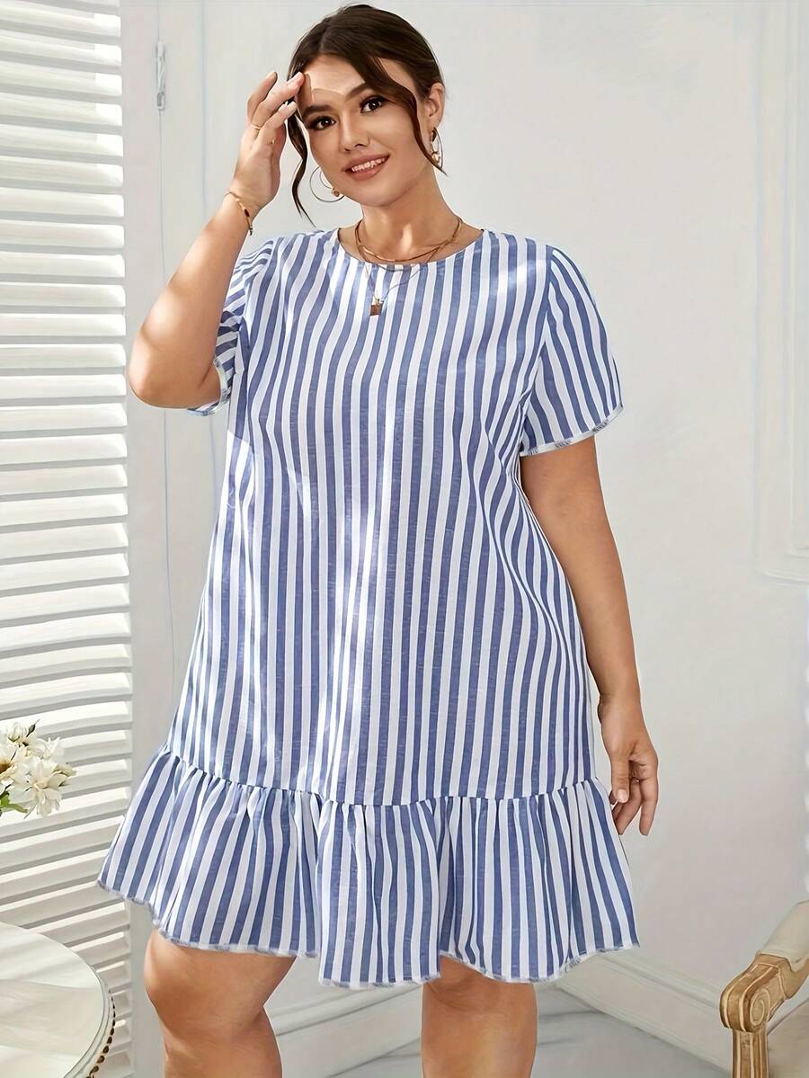 Plus Size Printed Striped Casual Loose Ruffled Hem Short Sleeve Sleep Dress, Summer Lounge Wear, Moo Moo Night Dress - Blue and White - View 1