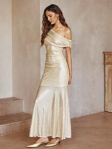 Sollinarry 女士春夏新款亮片露肩长款奢华优雅派对礼服，适合派对、婚礼等场合 - 香檳色 - 查看 3