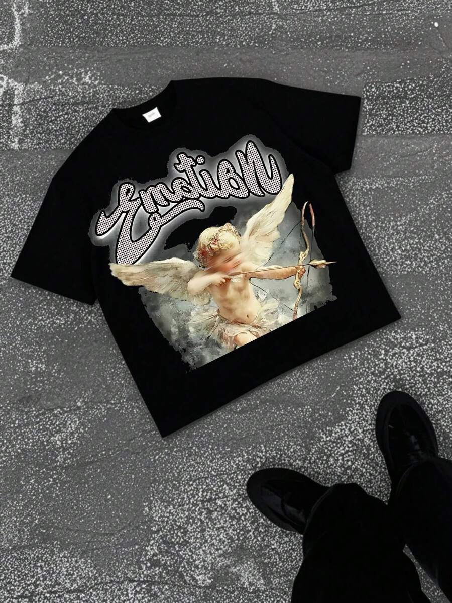 180g Pure Cotton Men's T-Shirt, Y2K Style Angel Cupid Pattern, Regular Version Round Neck Short Sleeves, Suitable For Daily Life And Theme Activities, Comfortable And Breathable, Machine Washable, Suitable For All Seasons, Weekend Style, Street Style, Casual Style, Urban Style, Suitable For Street Enthusiasts - 黑色 - 查看 1