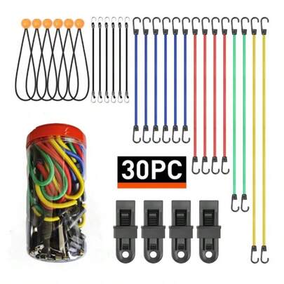 30-Piece Bungee Cord Assortment- 10",18",24",32",40" Elastic Straps + 8" Canopy/Tarp Ball Ties & Heavy-Duty Tarp Clips - Secure Storage Jar - For Camping, Truck, RV, Home