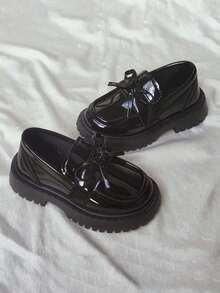 2025新款蝴蝶结百搭儿童皮鞋韩版时尚女童平底一脚蹬舞蹈鞋 - 黑色 - 查看 3