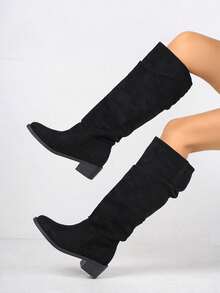 planare 女士时尚休闲褶皱尖头一脚蹬绒面革机车靴、西部靴、粗跟鞋、秋季、秋冬靴、橡胶鞋、中筒靴、时尚靴子、女鞋 - 黑色 - 查看 3