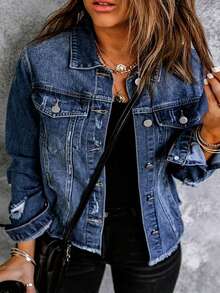 Women's Denim Jacket With Long Sleeves And Buttoned Distressed Denim Jacket - Medium Wash - View 1