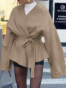 Vaiaye 女士纯色羊毛开衫外套，适合新年和感恩节穿着 - 卡其色 - 查看 7