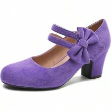 Enelauge Women's Mary Jane Heels With Bow Retro Closed Round Toe Pumps Sweet Ankle Strap Low Block Heels Chic Bowtie Vintage Dress Wedding Party Office Daily ShoesChristmas - 紫色絨面革 - 查看 1