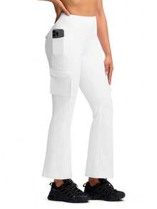 Womens Fleece Lined Pants High Waisted Flare Cargo Leggings For Women 6 Pockets Hiking Outdoor Winter Thermal - 白色 - 查看 4