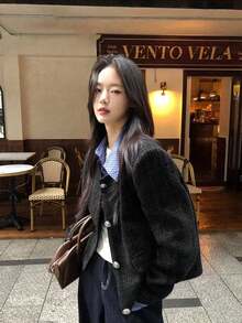 韩版温柔新款外套单排扣二合一外套修身优雅长袖上衣女开衫秋季 - 黑色 - 查看 5