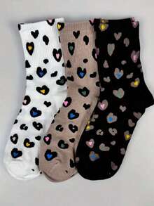 9 Pairs Women Leopard Print & Heart Pattern Mid-Calf Socks, Fashionable Minimalist Unique Retro Street Style Design, Suitable For Casual Outfits - Multicolor - View 7