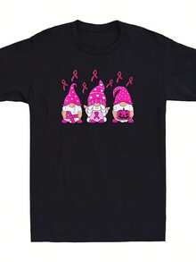 Breast Cancer Awareness Gnome Pumpkin Pink Ribbon Funny Unisex T-Shirtheavy-Duty Pure Cotton T-Shirt, Fashionable And Comfortable Wo's Cotton T-Shirt, Suitable For Weekends, Travel, Shopping, Outdoor Activities Or Leisure, High-Quality Durable Fabric Suitable For All Seasons, Fashionable Top, - 黑色7 - 查看 1