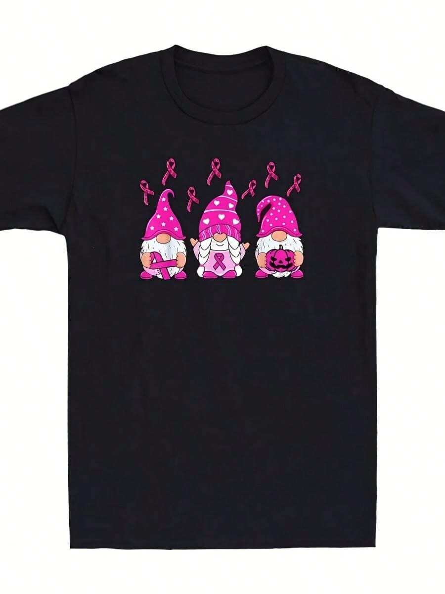 Breast Cancer Awareness Gnome Pumpkin Pink Ribbon Funny Unisex T-Shirtheavy-Duty Pure Cotton T-Shirt, Fashionable And Comfortable Wo's Cotton T-Shirt, Suitable For Weekends, Travel, Shopping, Outdoor Activities Or Leisure, High-Quality Durable Fabric Suitable For All Seasons, Fashionable Top, - 黑色7 - 查看 1
