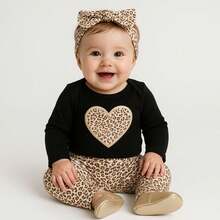 Sempre Bebê Baby Girl Clothes Set Kit, Female Bodysuit, Long Sleeve, Blogger Pants, Outfit, Leopard Heart Set - Black - View 6