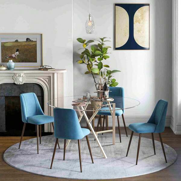 HOMCOM Dining Chairs Set Of 4, Modern Kitchen Chairs With Velvet-Touch Upholstery, Curved Back And Wood-Grain Steel Legs, Accent Chairs For Living Room, Bedroom, Blue