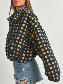 Sherpa Checkered Jacket For Women Plaid Zip Up Fleece Jacket With Pockets Winter Fall Fuzzy Cropped Coats - Navy Blue - View 2