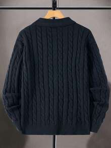 一件秋冬复古硬币图案男士毛衣，休闲宽松套头衫，时尚街头风，四分之一拉链高领纯色，适合万圣节穿着，长袖上衣 - 黑色 - 查看 3