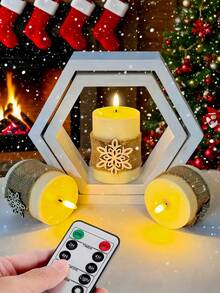 1 pieza/Set de 3 velas LED sin llama con control remoto y temporizador, velas LED, velas en pilar con discos de madera con copos de nieve, luces de vela, efecto de llama 3D, adecuado para boda, Navidad, decoración de jardín, fiesta, decoración del hogar, decoración de mesa, regalos
