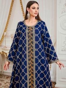 女士穆斯林长袍连衣裙，长袖土耳其时尚刺绣串珠饰边长袍，优雅奢华的阿拉伯长袍 - 藏蓝色 - 查看 4