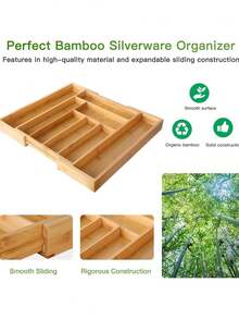1pc Adjustable Bamboo Drawer Organizer,Retractable Knife And Fork Division Organizer Box,Drawer Type Tableware Storage Box,For Utensils And Silverware - Expandable Cutlery Tray For Kitchen, Bedroom, And Living Room - Multicolor - View 6