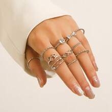 11pcs/Set Flower & Bow Rhinestone Inlaid Eternity Band Rings - Silver - View 2