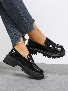 Women's Fashion Black Loafers With Gold Chain Decor, Soft Bottom Thick Sole Slip-On Oxfords, Suitable For Spring And Autumn - Graphite Black - View 6