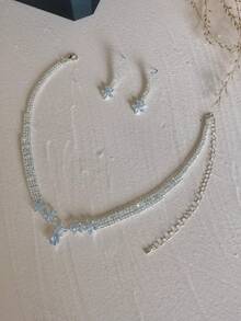 2pcs Rhinestone Flower Pendant Earrings & Necklace Jewelry Set, Elegant Fashion Luxury High-End Earrings & Choker Necklace, Bridal Wedding, Party Dress Accessories