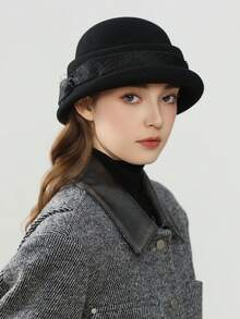 1 peça novo chapéu francês elegante versátil outono/inverno redondo de lã feltro, aba virada para cima decoração de laço chapéu de balde de aba pequena inverno quente