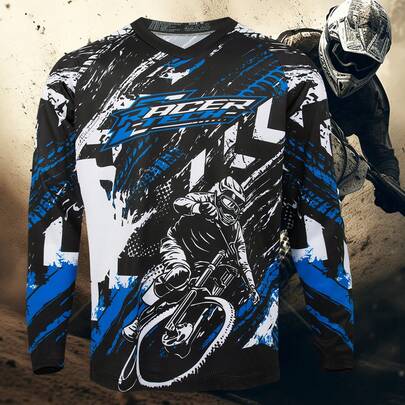 TELEYI Men'S & Women'S Motocross MTB Racing T-Shirt, Polyester 100% Knit Fabric, V-Neck Long Sleeve Cycling Jersey, Outdoor Sports Top With Raglan Sleeves, Moisture Wicking, Breathable, Fade-Resistant, Washable - Universal Fit For Hiking, Training, Fishing, Casual Wear
