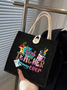 1个“最佳教师”印花亚麻手提袋，可重复使用印花手提包，女士双提手购物书包，大容量单肩包，休闲手提包，圣诞节收纳袋，适合通勤、上学、购物、户外活动，可作为礼物送给朋友、女朋友，教师节、节日等场合。 - 黑色 - 查看 3