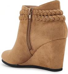 Womens Wedge Ankle Boots Braided Fringe Strap Western Heeled Fall Booties Dress Shoes - 2-棕色(仿麂皮) - 查看 4