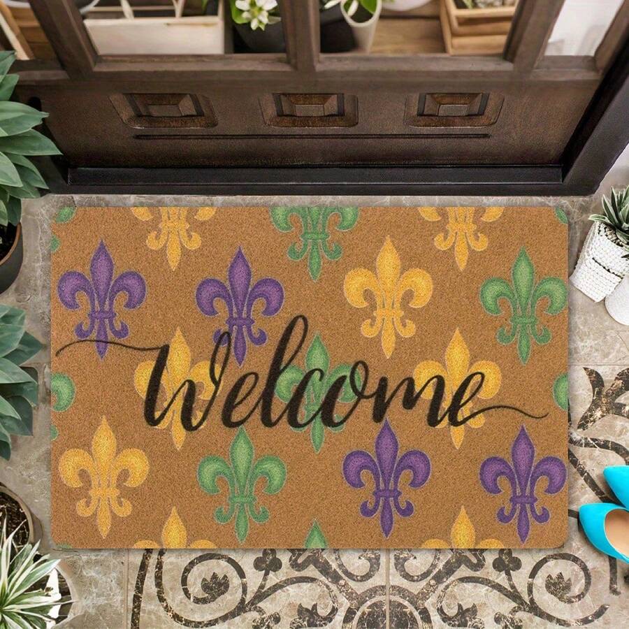Mardi-Gras Fleur-De-Lis Decorative Welcome Doormat, Indoor Floor - Home Decor & Room Decoration, Area Doormat Entryway Living Room Bedroom Dining Room Kitchen - Black - View 1