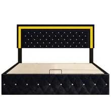 Letto contenitore 160*200cm con box letto, letto imbottito idraulico con illuminazione a LED, struttura letto matrimoniale con testiera regolabile in altezza e rete a doghe, letto boxspring, letto per ragazzi, tessuto in velluto delicato sulla pelle, (Beige/Nero)