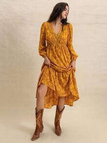 Rusttydustty Vestido romántico de mujer estilo bohemio con cuello en V, encaje y flores multicolor, adecuado para bodas, San Valentín, Año Nuevo y otras ocasiones, también apropiado para uso en fiestas