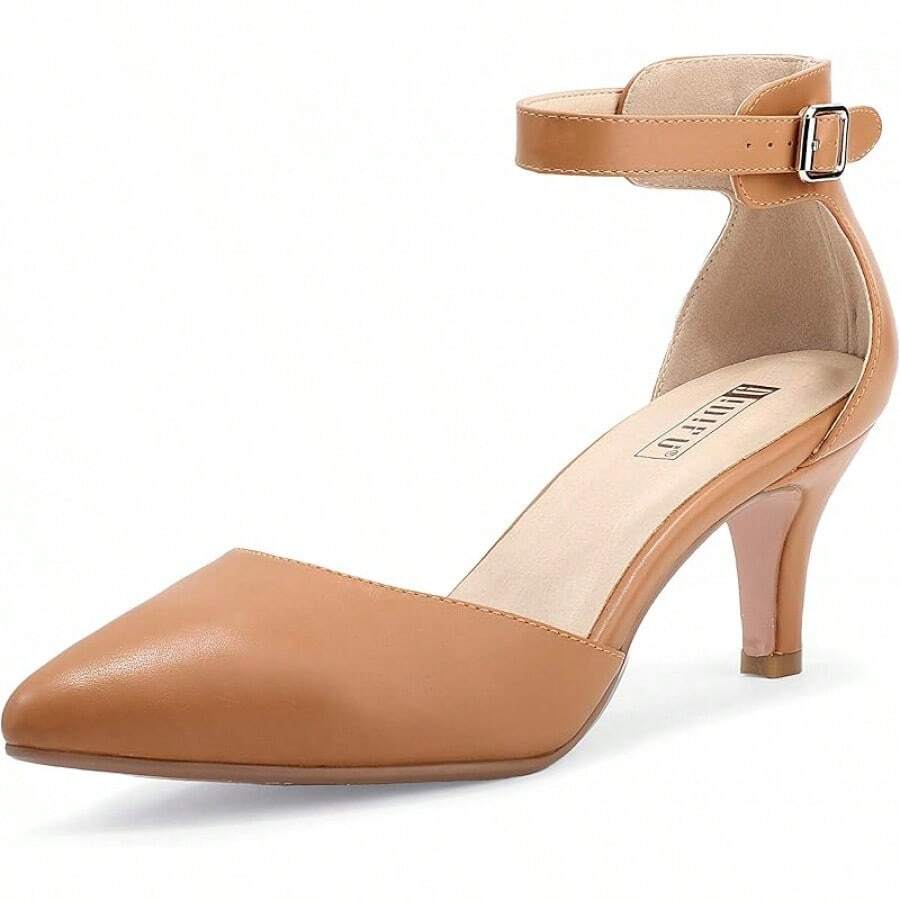 Women's IN3 D'Orsay Pumps Low Kitten Heels For Women Dress Shoes Pointed Closed Toe Wedding Bride Ankle Strap Dressy Silver Black Nude White Gold Heels For Women-2025 - 深色裸色Pu - 查看 1