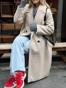 SMILE CHIC 女士时尚优雅杏色长袖翻领双排扣中长宽松大衣，保暖，常规版型 - 卡其色 - 查看 4