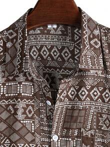 男士纽扣印花休闲短袖衬衫 - 咖啡棕 - 查看 6