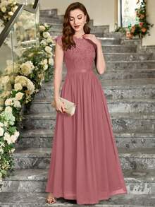 MIUSOL 花卉蕾丝短袖雪纺缎面收腰正式派对长裙，优雅女士派对礼服，舞会礼服，婚礼宾客礼服，毕业典礼礼服，晚礼服 - 藕粉色 - 查看 5