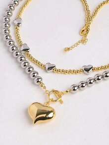 2 piezas Collar con cuentas esféricas exageradas de moda, collar con colgante de corazón de acero inoxidable para mujeres - Multicolor - Ver 2