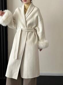 女士经典披肩领系腰长款双面羊毛大衣，秋冬季休闲加长外套 - 米色 - 查看 4
