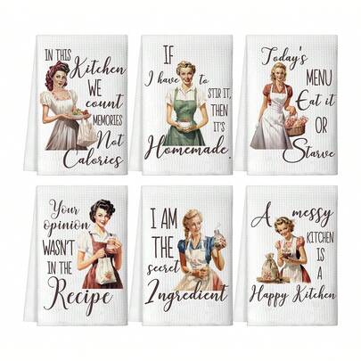 1/6 piezas Paños de cocina divertidos de 40x60cm con frases hilarantes - Paños de té absorbentes de poliéster, diseño de dibujos animados retro, lavables a máquina - Regalos de inauguración de la casa para mujeres, anfitrionas, mamá