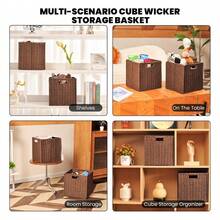 1pc/2pcs Hand Woven Storage Basket, Large Multifunctional Storage Basket, Woven Cubic Basket For Living Room, Bedroom, Home Storage, Kitchen, Dormitory, Office, Storage, Cosmetic Storage Box, Storage Box, Basket, Organization And Storage, Basket, Room Storage, Storage, Storage Box, Trash Can, Gift Basket, Gift Box, Gift Basket, Wall Cabinet, Decorative Home Decor, Kitchen Accessories - Coffee Brown - View 9